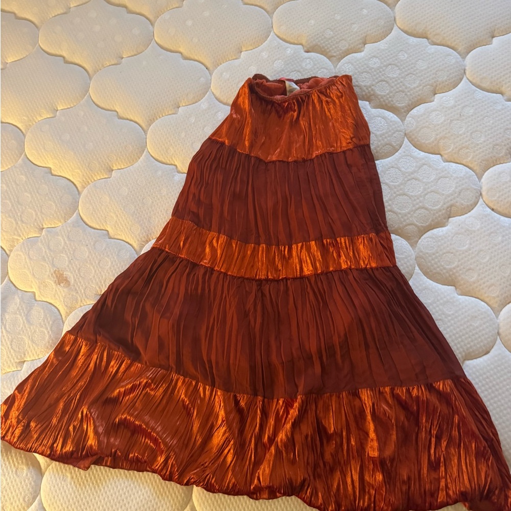 Rust Orange Pleated Ankle Length Skirt